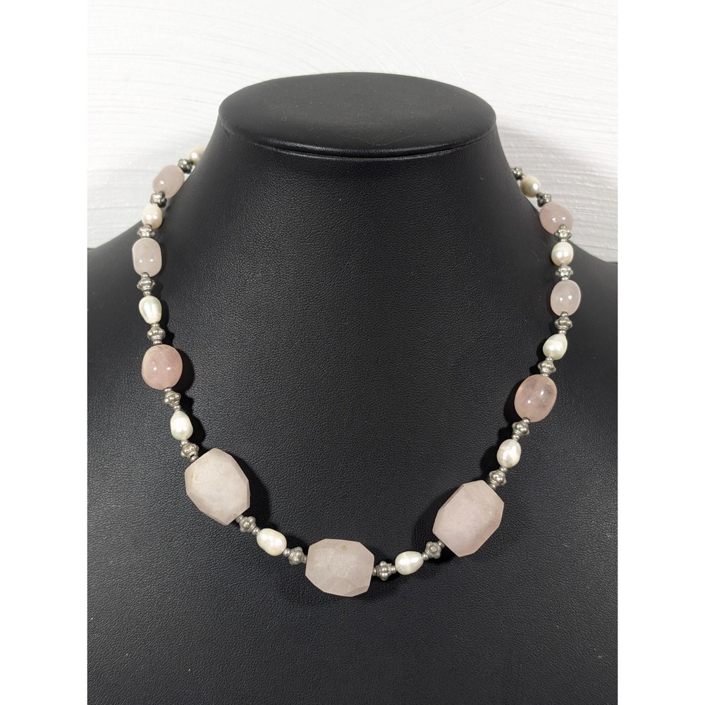 Boho Coastal Chic Pink Stone White Pearl Silver Tone Necklace 17 in
